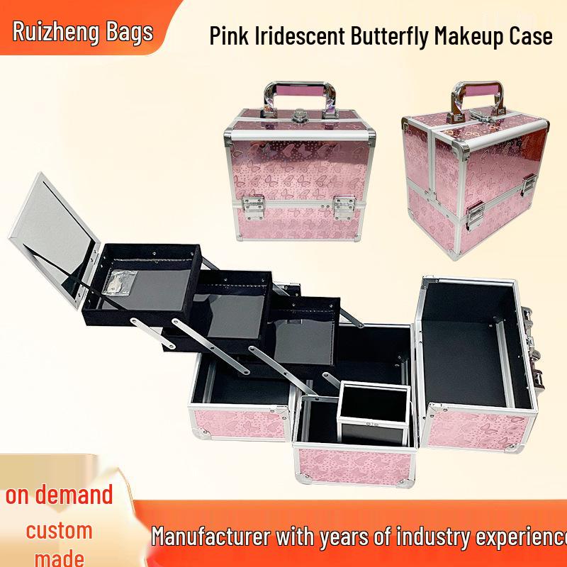 

Розовый переливающийся кейс для макияжа с зеркалом - Портативный дорожный бокс для хранения косметики Butterfly Pattern No Velvet
