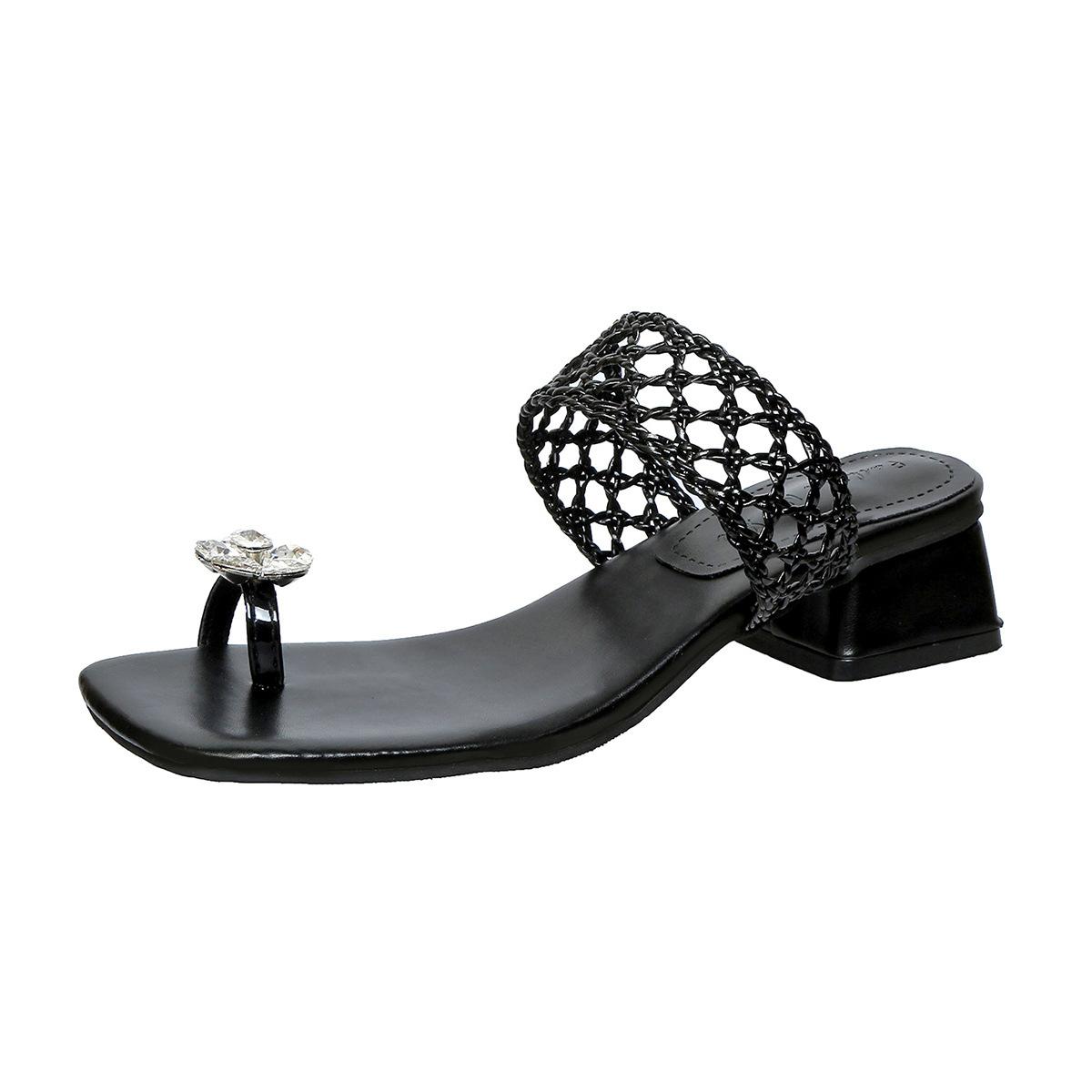 

Мода 2025 Новые летние женские шлепанцы с открытым носком, роскошные модные шлепанцы со стразами с перемычкой между пальцами и квадратным носком, женские шлепанцы на низком каблуке 40 чёрный