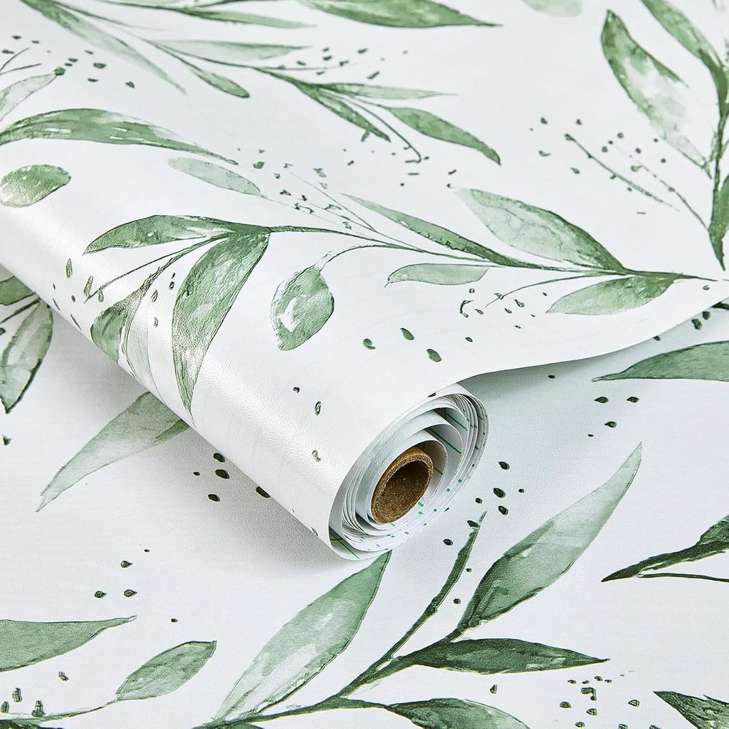 Peel and Stick Wallpaper 17.7 x590.5 Inch Olive Green Leaf WallpaperStick on Wallpaper for Bathroom Vinyl Removable Wallpaper Self Adhesive Wallpaper