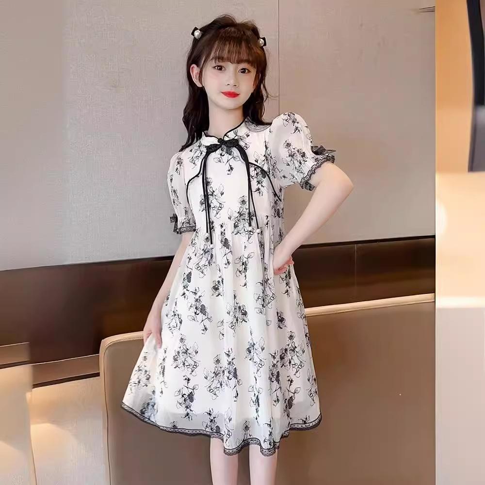 Girls Dress Summer Vintage Qipao Dress Ink Painted Children's Princess Dress Summer Flower Girl Dresses