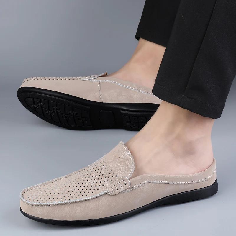 Men Casual Leather Boat Shoes Mens Loafers Hollow Out Shoes Summer New Half Slipper Lazy Flats Muller Shoes Male British Style
