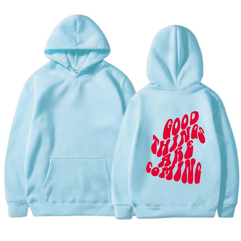 GOOD THINGS ARE COMING Women's Velvet Hoodie Solid Color Letter Printed Kangaroo Pocket Drawstring Printed Hoodie