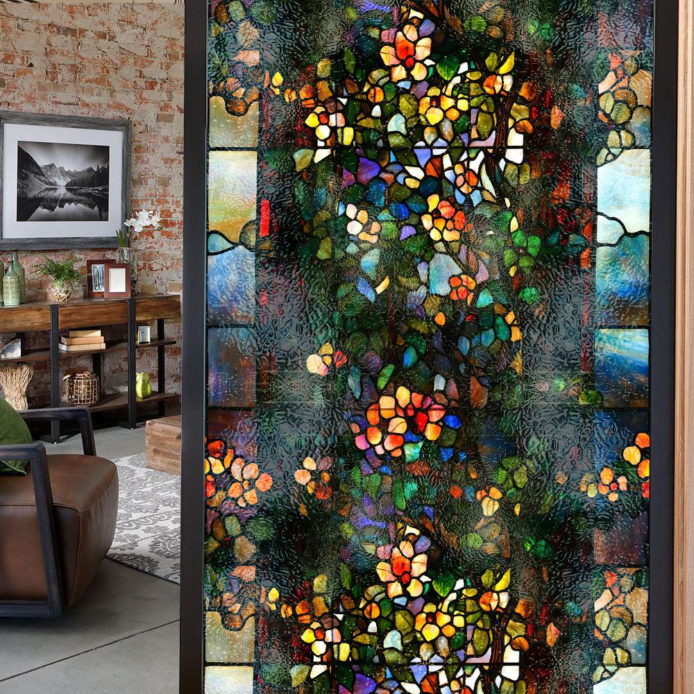 Double-sided Colored Window Privacy Film, Stained Glass Decorative Static Cling, Removable Laser Sun Blocking Vinyl Covering