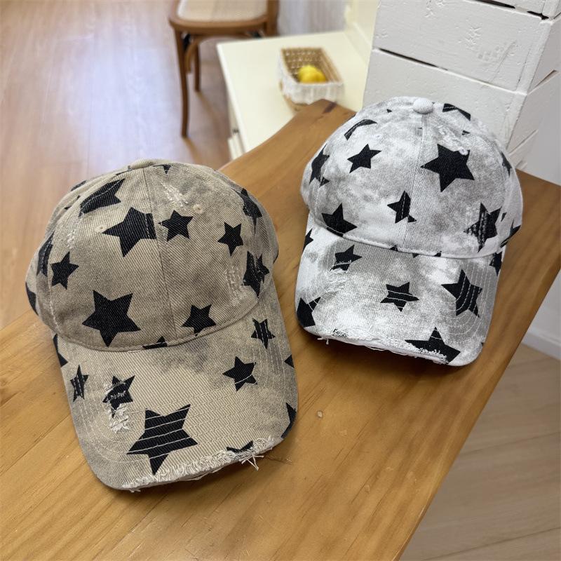 American Retro Old Ripped Star Printed Baseball Cap Women's Wide Brim Trendy Cool Hat Showing Face Small Cap