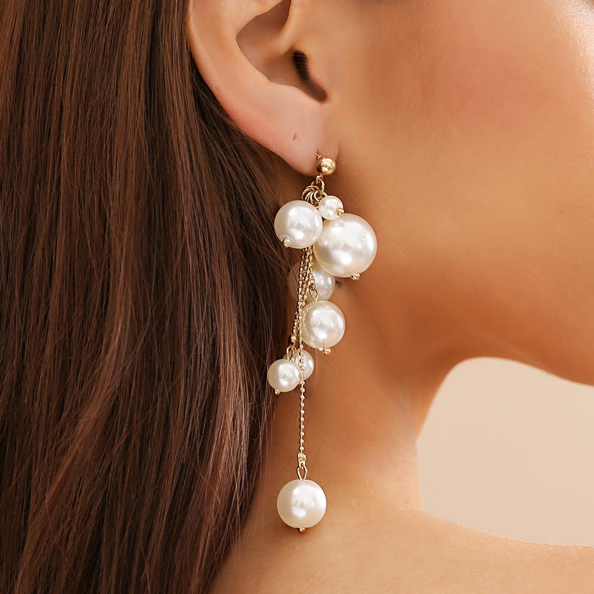 

Ingemark Boho Elegant Imitation Pearls Tassel Drop Earrings for Women Temperament Gold Color Pierced Ear Accessories New Jewelry