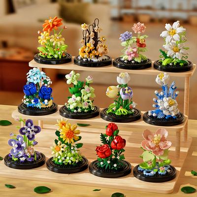 Topfbaustein-Simulation Sukkulenten-Blumenstrauß Kreatives Puzzle-Baustein Ewige Blume Heimdekoration Rose