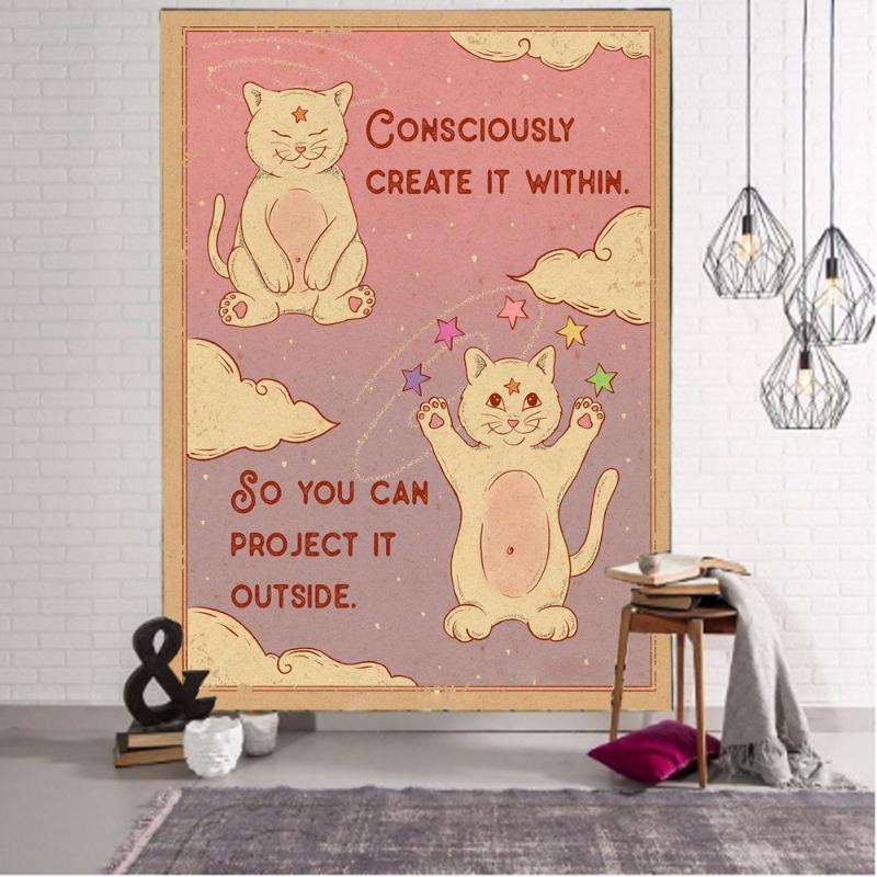 Bohemian Cat and Lion Tapestry Retro Inspirational Quotes Wall Hanging Bedroom Living Room Aesthetic Wall Decor