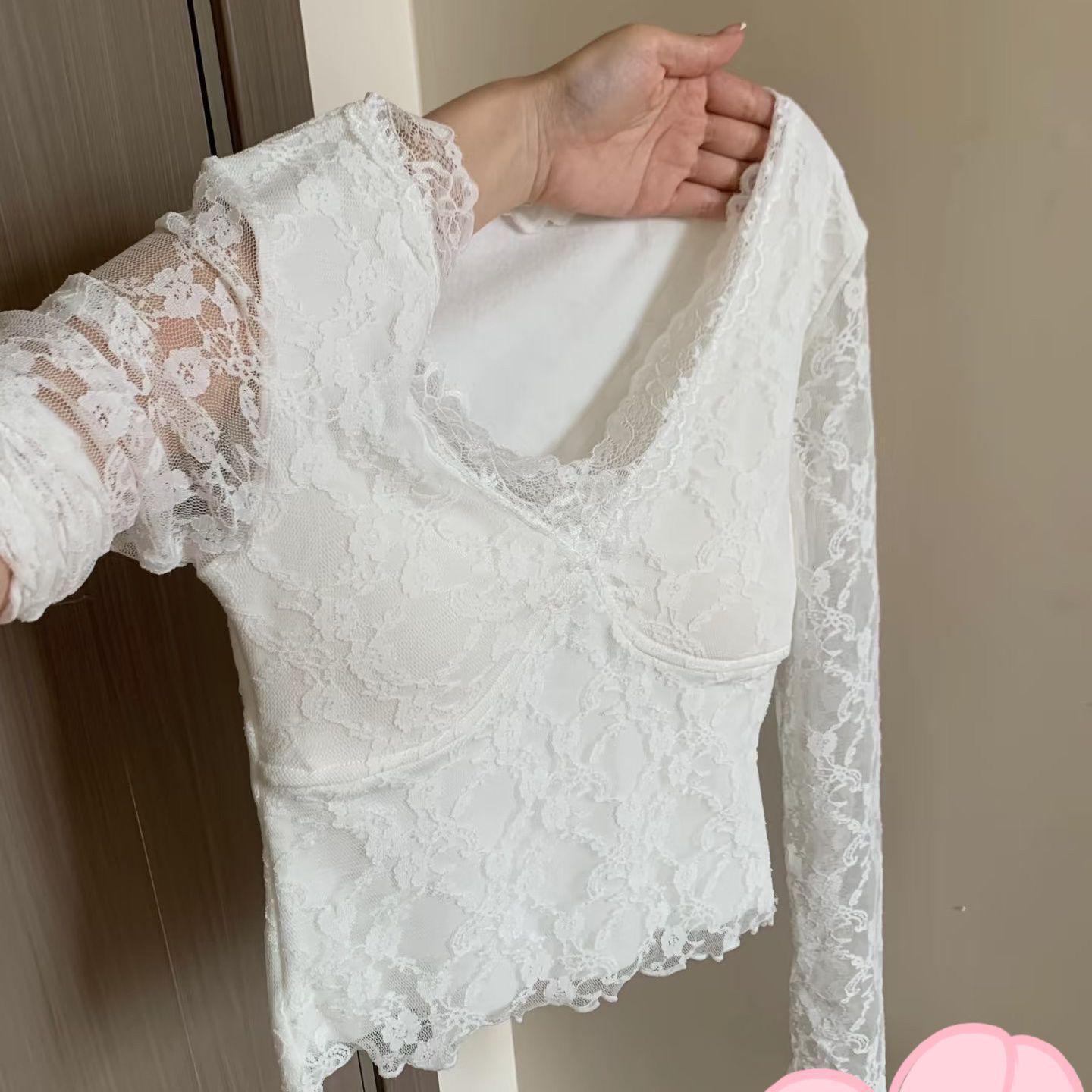 Autumn/Winter Elegant Patchwork Lace Long-Sleeve Slimming Top Large