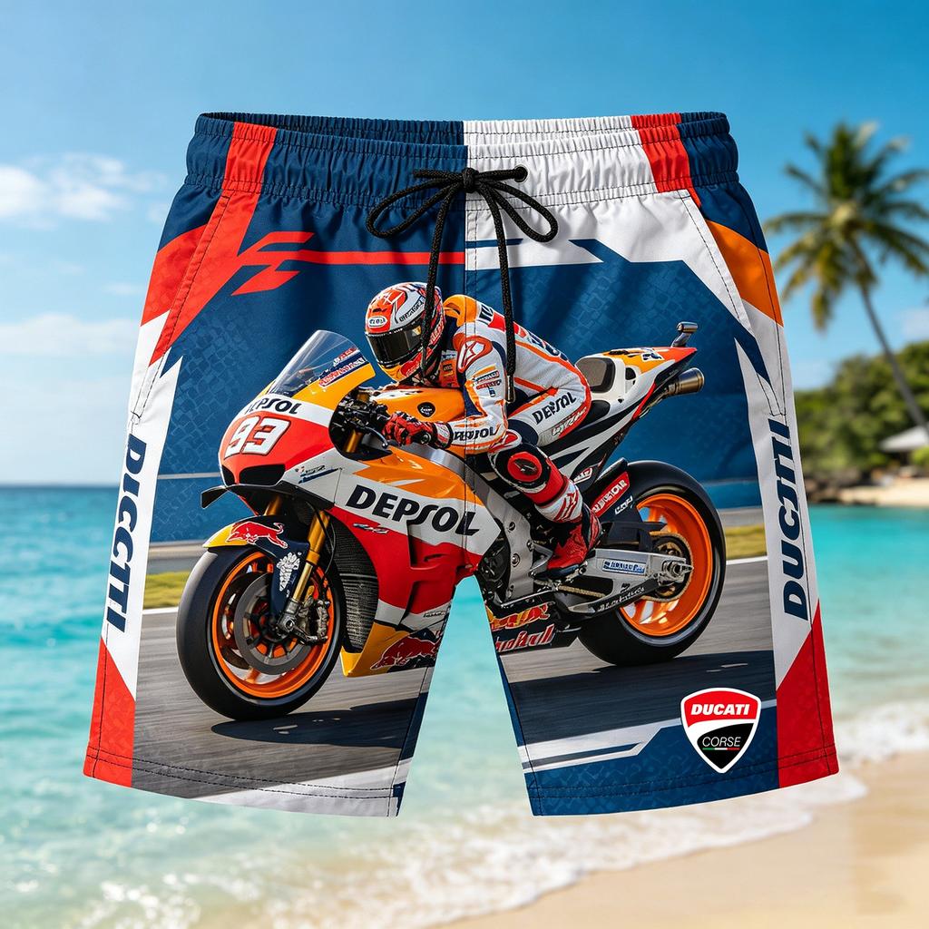 Ducati Pánské rychleschnoucí plavky Racing 3D Print, Plážové boardshorty se stahovací šňůrkou v pase pro letní sporty a volný čas