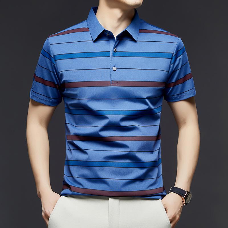 

Мужская футболка-поло с коротким рукавом, летняя новинка, деловой кэжуал, полосатая, тонкая, из ледяного шелка, базовая футболка 3XL синий