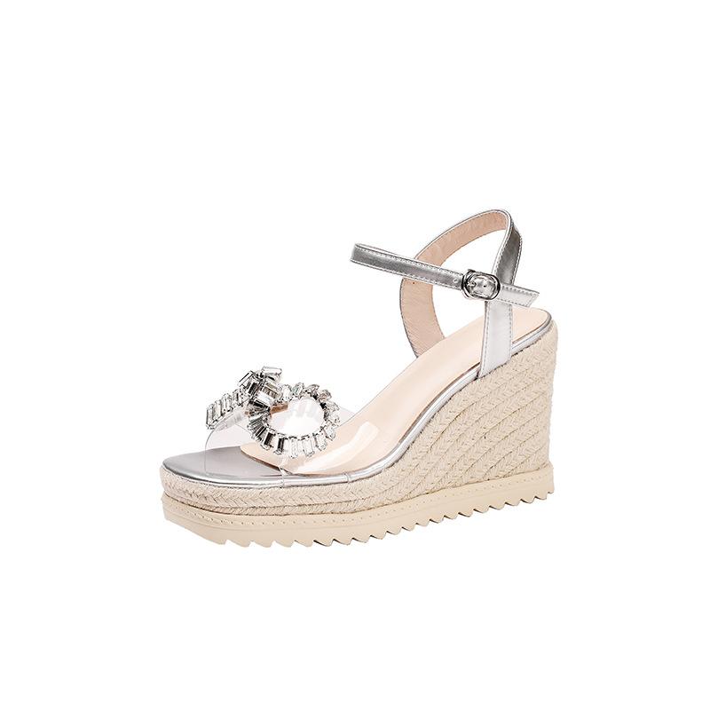 

Кожаные женские туфли на танкетке с открытым носком, универсальные, 2025, новые, летние, сандалии со стразами и бантом, платформа, высокий каблук, женские 39 серебряный