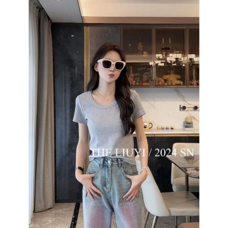 Quality new front shoulder U-neck T-shirt women s short-sleeved summer inner with thin top women s bottoming shirt S