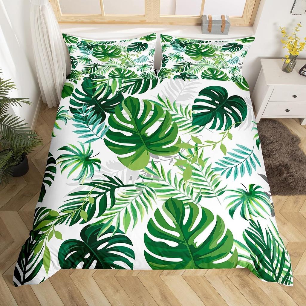 Tropical Botanical Duvet Cover Gold Palm Tree Leaf Comforter Cover King Jungle Nature Theme Watercolor Plant Leaves Bedding Set