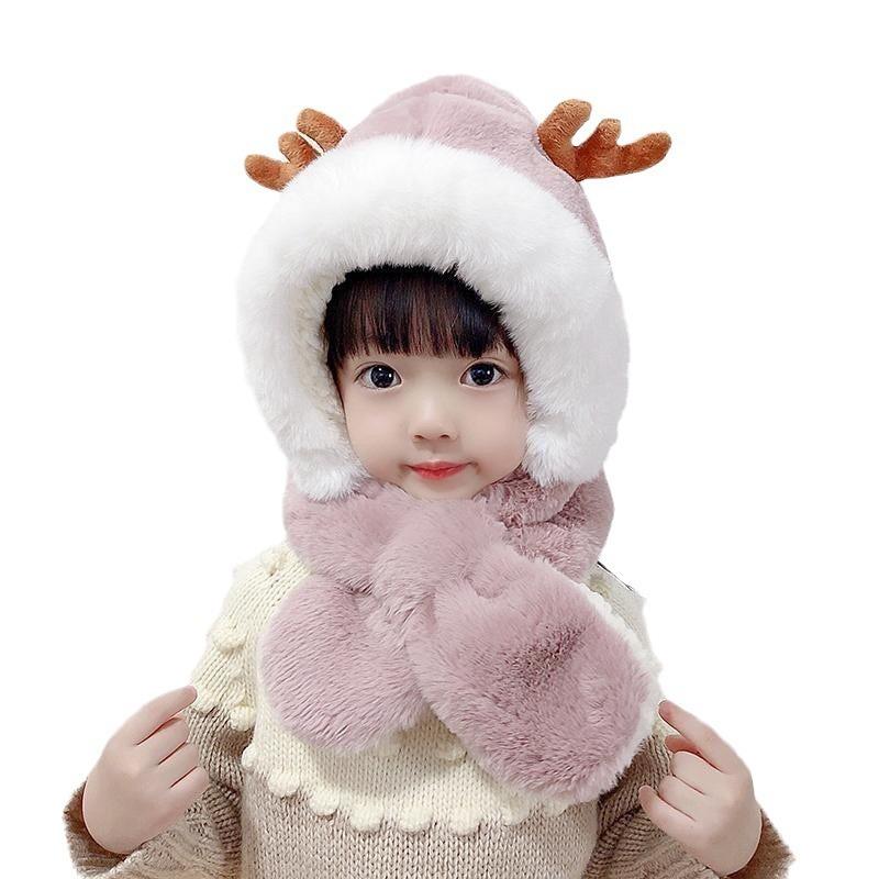 Winter new children's hats and scarves integrated boys and girls warm plush baby antlers ear hat cartoon