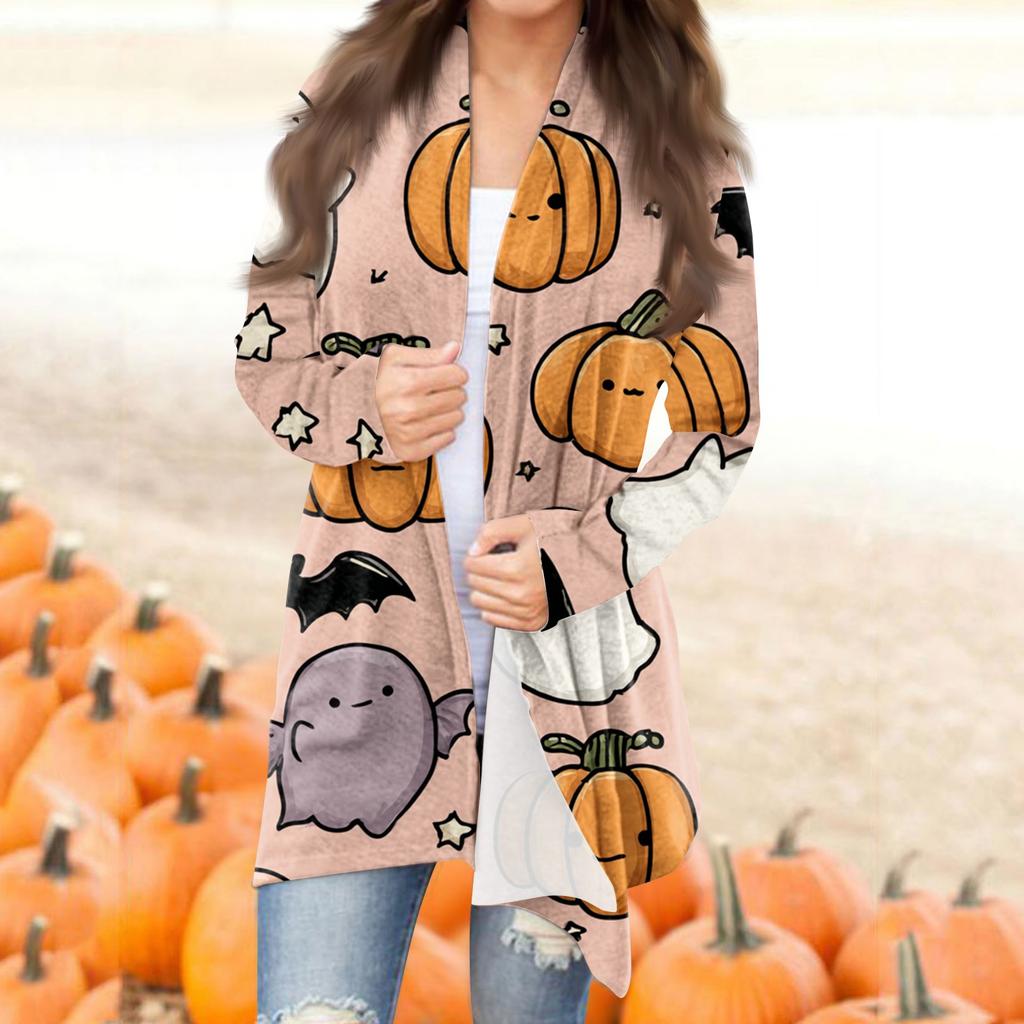 Women's Fashion Casual Halloween Printed Mid-Length Irregular Hem Cardigan Jacket