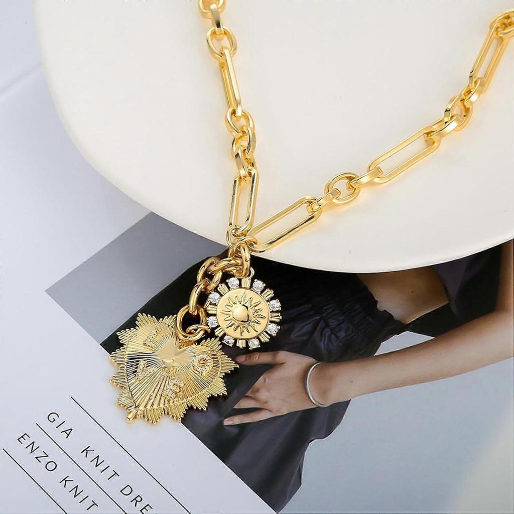 4555cm Chunky Gold Necklace for Women, Heart Pendants Necklace Sun Flower Necklace Fashion Hip Hop Choker Gift