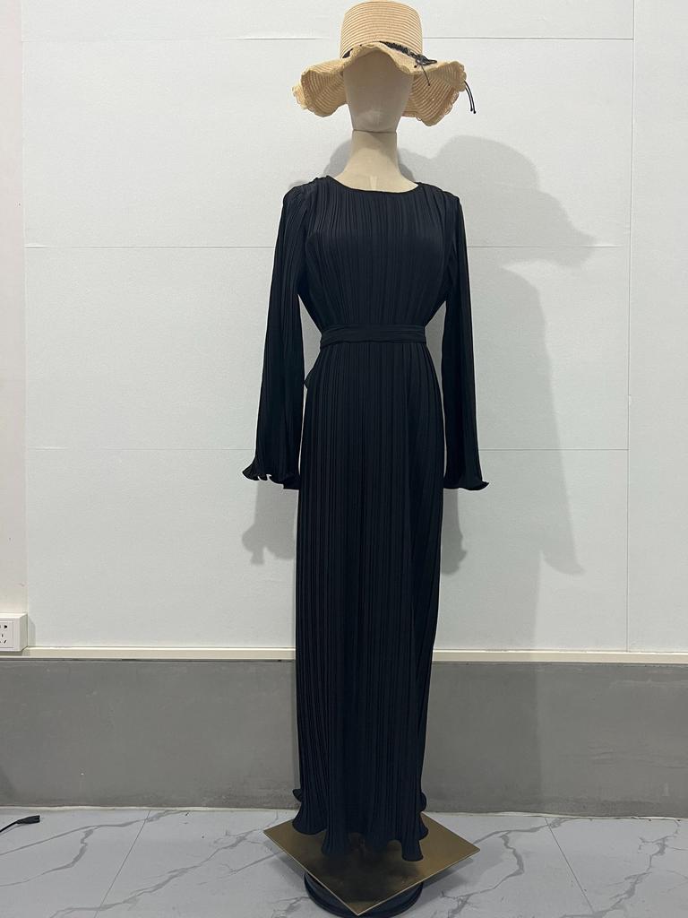 Pleated Maxi Dress Long Flared Sleeves Fitted Waist Elegant Women's Party Dress Casual Ankle-Length