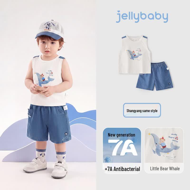 JELLYBABY Boys Whale Antibacterial Vest & Shorts Set 80 грязно-белый