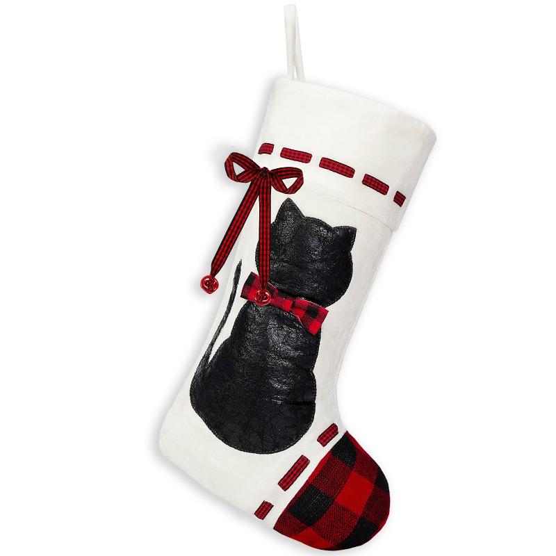 1PCS Polyester Christmas Socks with Black Cat Dog Design Creative Hanging Gift Pouch for Candy Tree Decor Household Supplies