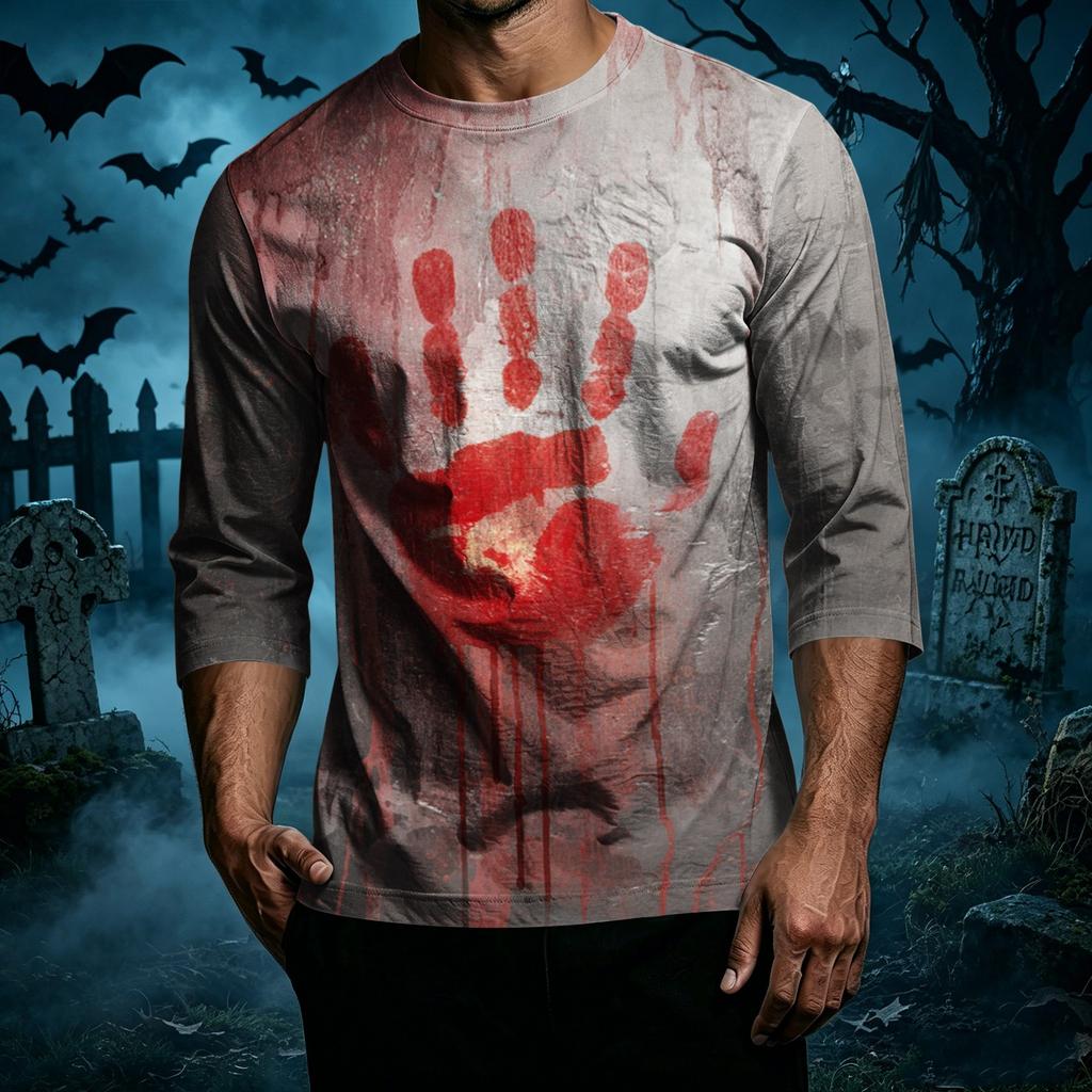 Men Casual Halloween Print Crew Neck T Shirt Three Quarter Sleeve Top Lightweight Comfortable Fit