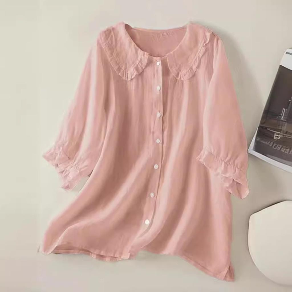 Camisa Suelta de Manga Media con Cuello de Muñeca para Mujer
