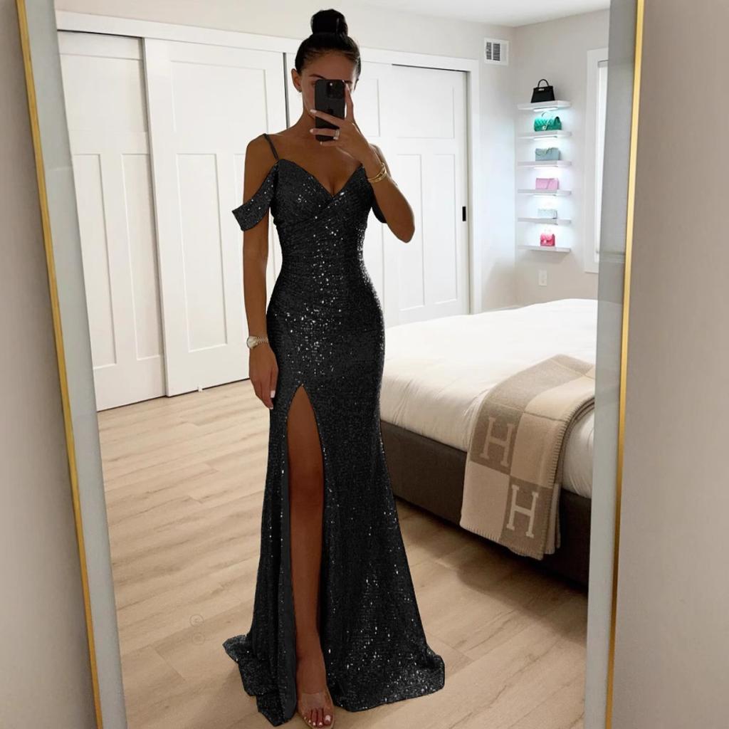 Women's V Neck Cold Shoulder Sleeveless Maxi Dress Mermaid Fit Mid Waist Elegant Sequin Slit Evening Gown