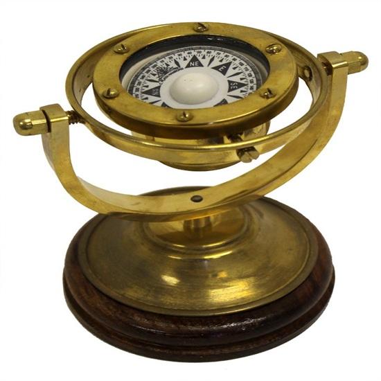 12.7 Cm Gimbaled Brass Compass with Wood Base Nautical Table Top Office, Home Decor Study Room Gifting