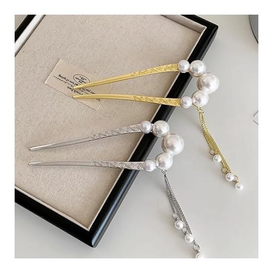 2-Piece U-Shaped Hairpin Set with Pearls, Alloy Hair Accessories, Flowing Ornaments, Silver & Gold, Ideal for Formal Occasions like Coming-of-Age