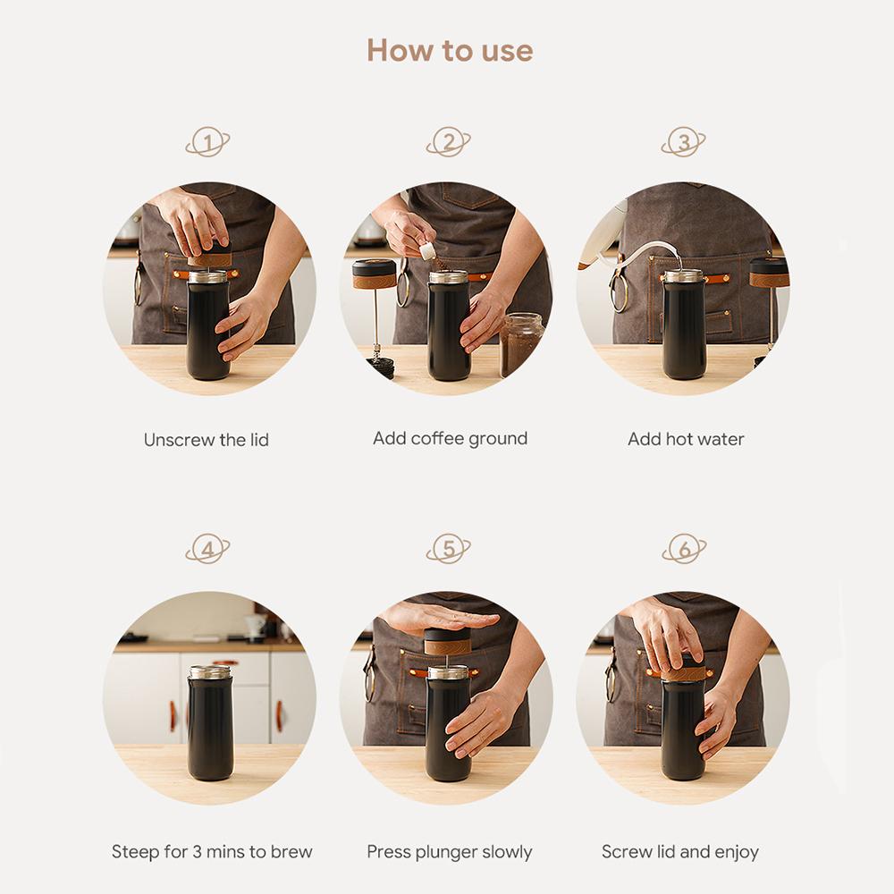 320ML Outdoor Portable French Press Coffee Maker, Stainless Steel Insulated French Press, Automatic Coffee Grounds Separation