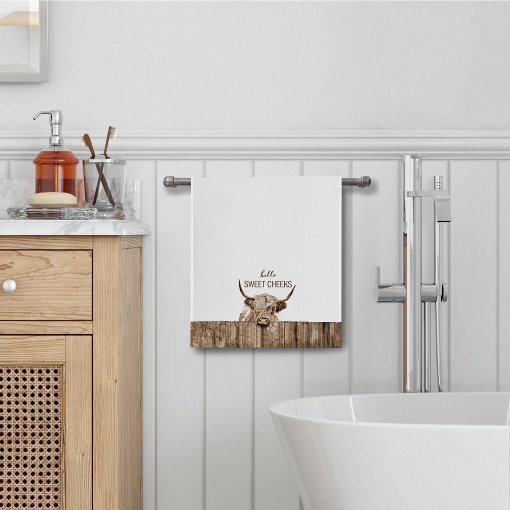 Highland Cow Bathroom Kitchen Towels - Hello Sweet Cheeks Western Bathroom Kitchen Decor,Farmhouse Western Cow Decorative Hand Towels 16x24, Funny