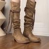 Retro Wasteland Wind Fringed Knight Boots Thick Heel But Knee Long Boots Skinny Shoes Pile Medium Boots Women
