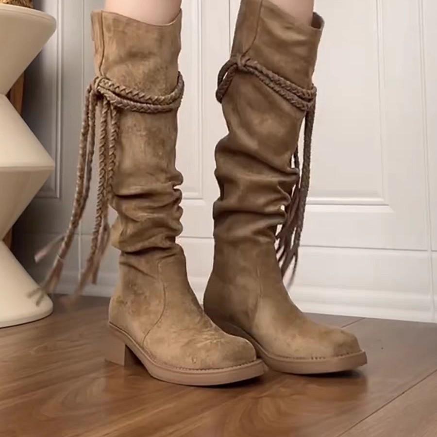 Retro Wasteland Wind Fringed Knight Boots Thick Heel But Knee Long Boots Skinny Shoes Pile Medium Boots Women