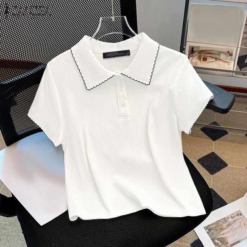 

ZANZEA Women Blouse Lapel Neck Short Sleeve Stitching Wavy Line Hem Casual Tops 4XL білий