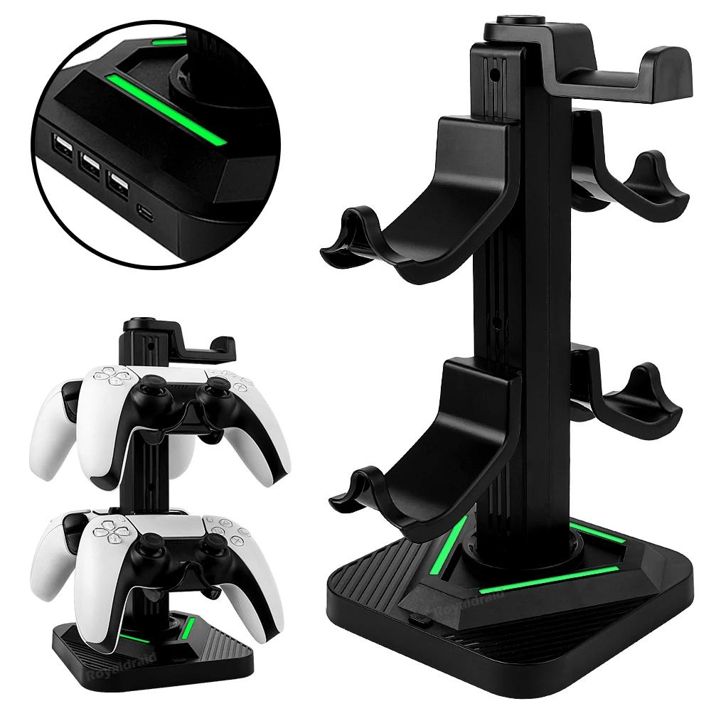 

Универсальная подставка для игровых наушников, вращающийся держатель контроллера, 8 режимов освещения, держатель для наушников для PS5/PS4/Switch, настольный игровой чёрный