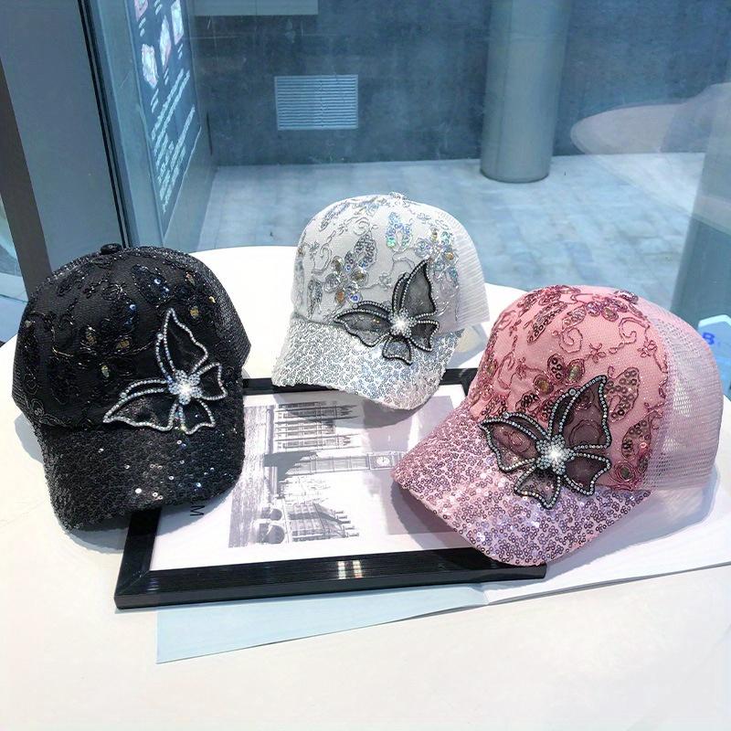 Sequin Baseball Cap for Women and Men, Summer Mesh Back, Rhinestone Butterfly, Fashion Sun Hat, Universal for Men and Women, Short Brim
