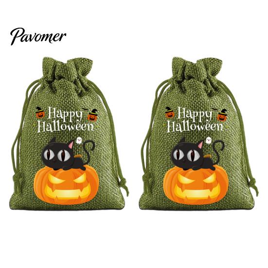 Trick or Treat Party Souvenirs 2Pcs Halloween Pumpkin Drawstring Bags for Candy Treats, Retro Burlap Rustic Linen Goodie Bags, Portable Kids
