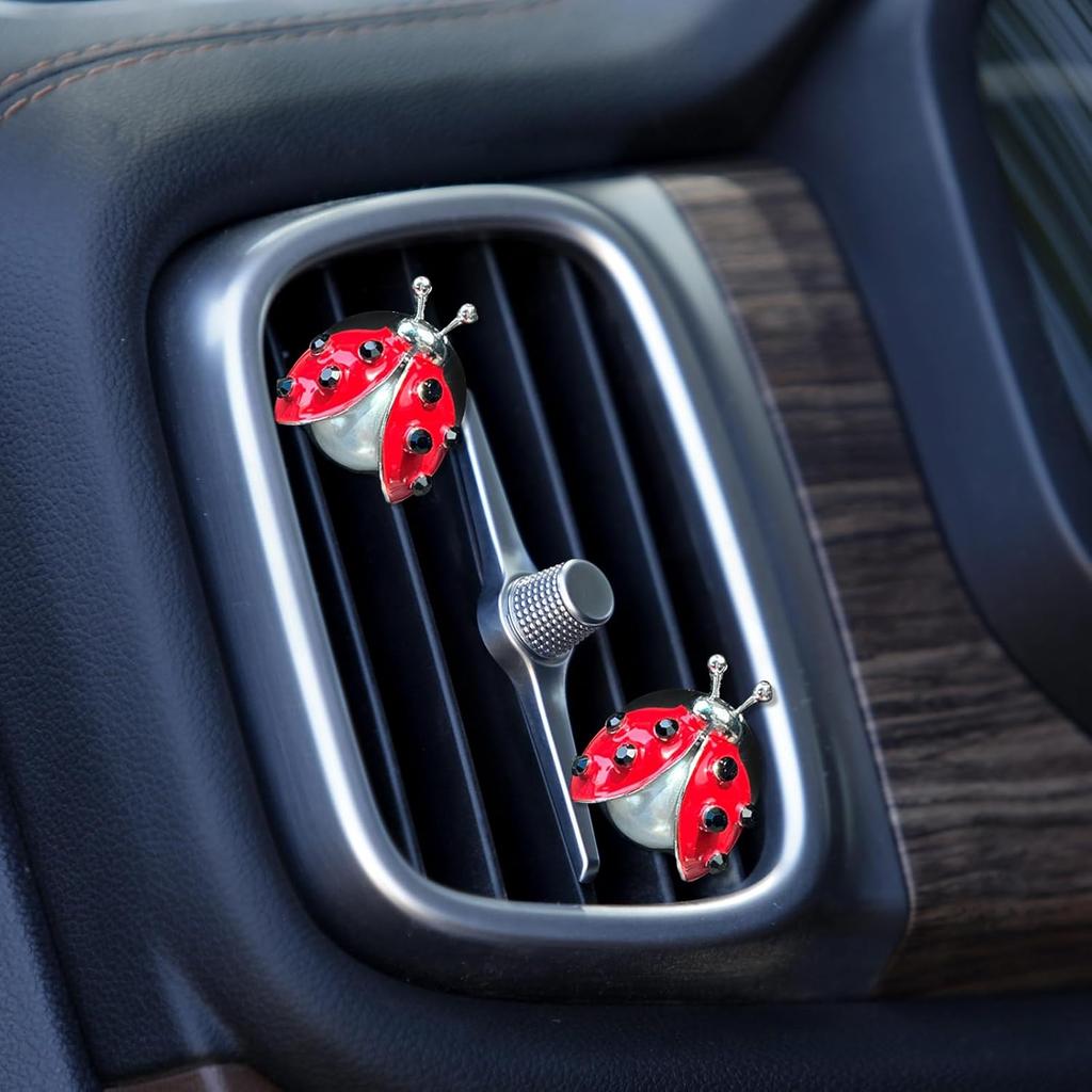 Ladybug Car Accessories,2Pcs Lady Bug Air Vent Clips Car Air Fresheners,Refillable Animal Decoration Diffusers,Girly Rhinestone Dashboard Charms For