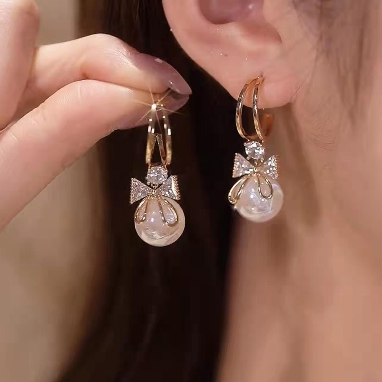 

Gold Bow Pearl Pendant Earrings Bridal Wedding Engagement Earrings Valentine s Day Anniversary Gift Jewelry белый