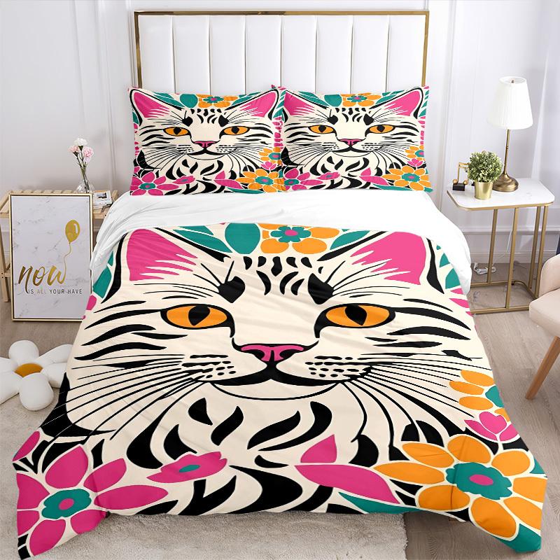 3PCs Cat Floral Print Design Cover Set, Breathable Fabric, Machine Washable (1 Duvet Cover + 2 Pillowcases) (Without Quilt) yy250911156