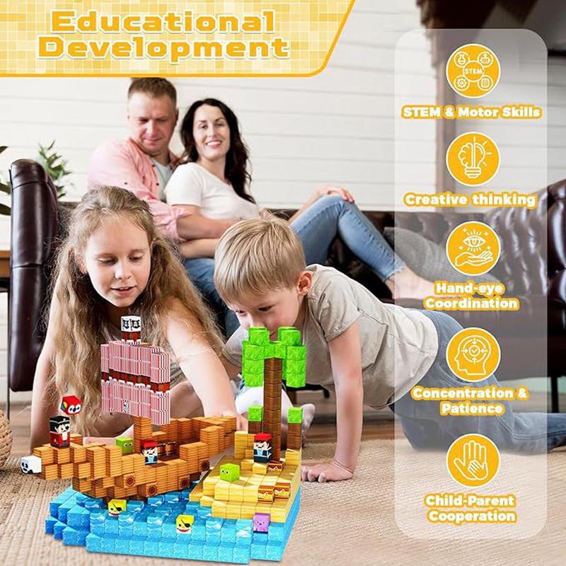Non-Toxic 100Pcs Children Cartoon Building Blocks Pirate-Ship World Set Creative Learning Sensory Toys Educational Magnetic Cube Bricks