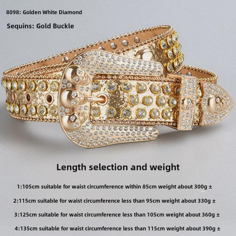 Curea de lux cu cataramă cu strasuri și craniu închis la culoare, cu paiete și diamante