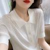 Women's White POLO Collar Knitted T-shirt Summer Loose Ice Silk T-shirt Hollowed Out Knitted Top