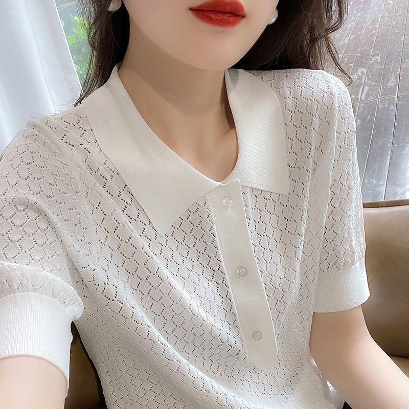 Women's White POLO Collar Knitted T-shirt Summer Loose Ice Silk T-shirt Hollowed Out Knitted Top