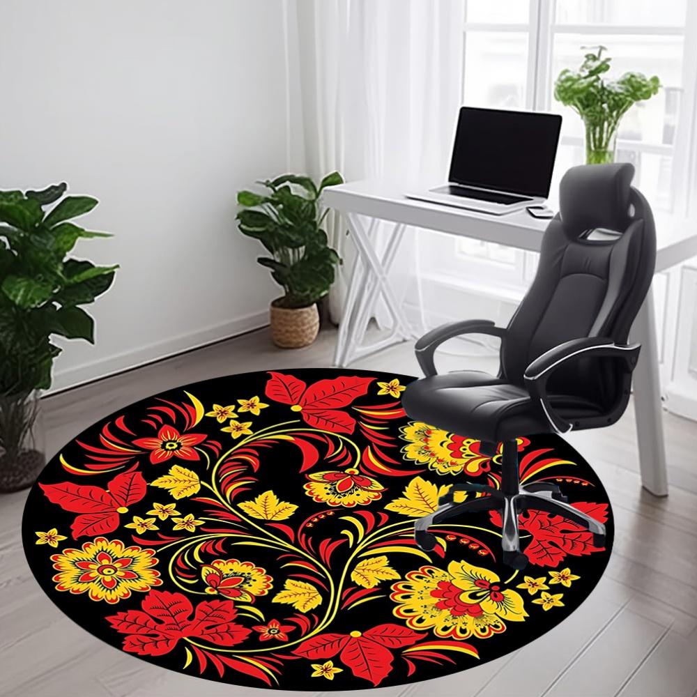1pc Red Yellow Floral Pattern Carpet, Round Non Slip Durable Large Size Office Carpet, Suitable for Office