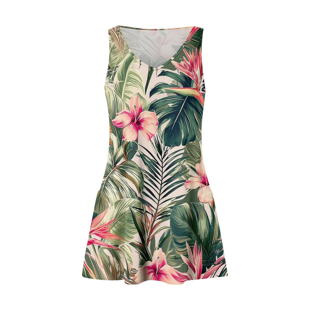 Women's Casual Fashion V-neck Sleeveless Floral Print Side Pocket Dress