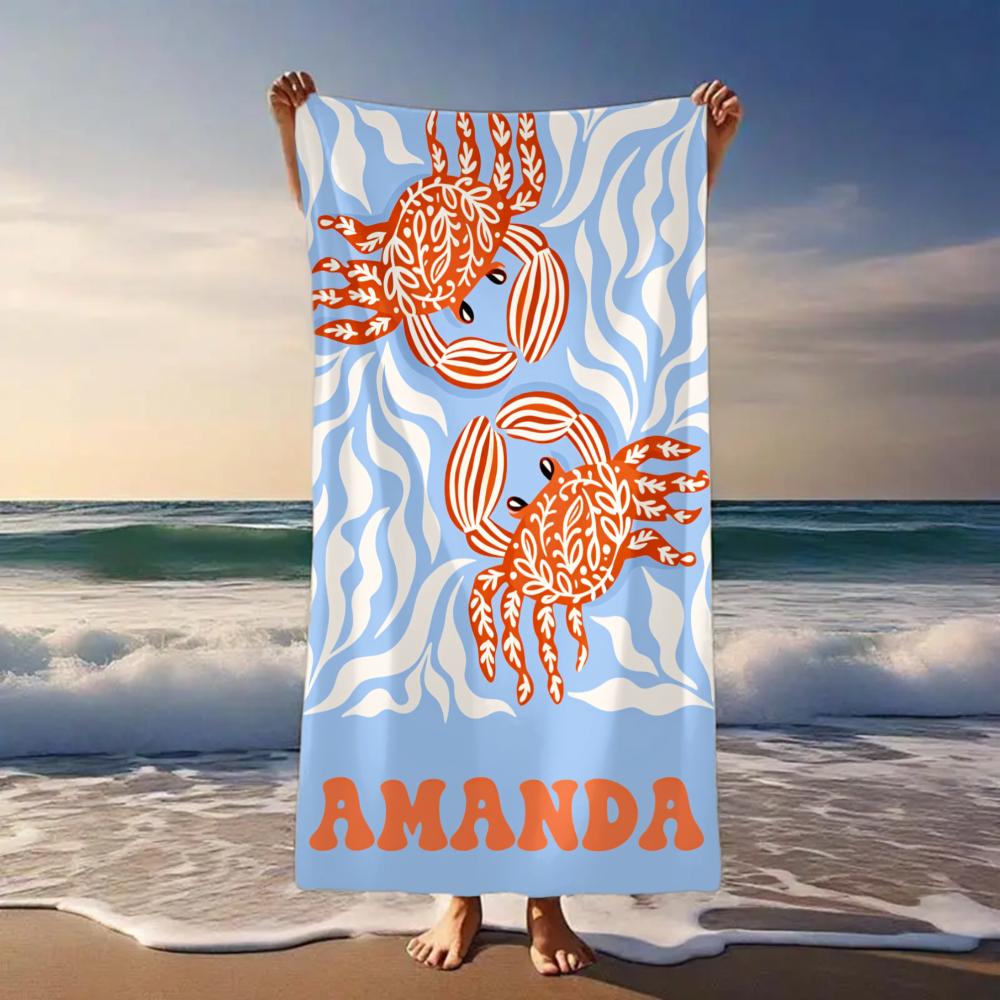 Custom Name Crab Beach Towel 1pc Personalized Lightweight Absorbent Towel for Beach Pool Wholesale Kids Summer Essentials