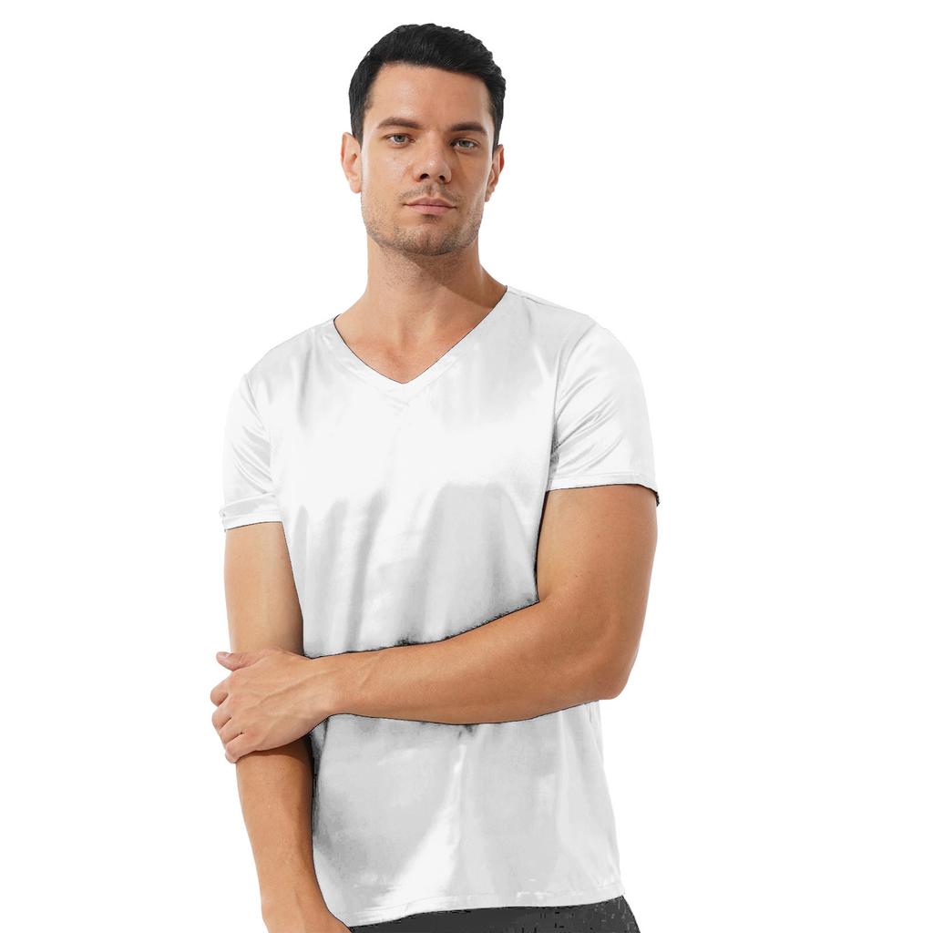 Herren V-Ausschnitt Satin Schlafshirt Lockere Passform Kurzarm Loungewear Weiche Bequeme Nachtwäsche Einfarbiges Pyjama-Oberteil