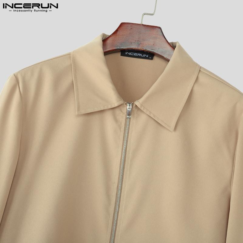 INCERUN Men Lapel Long Sleeve Stitching Zipper Up Cropped Jackets Short Coats