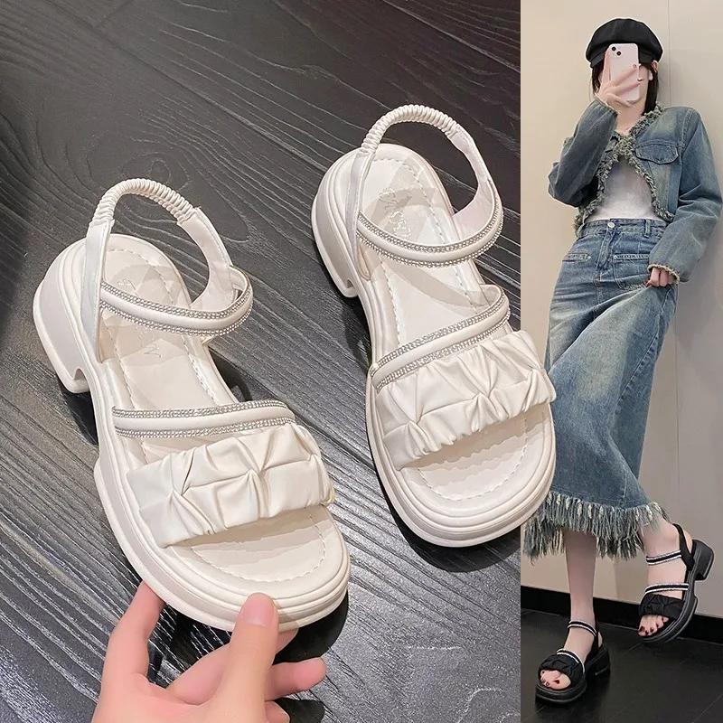 2024 Лето Новые Круглые Носки Открытый Носок Однотонные Водные Алмазные Пряжки Толстая — фото 3