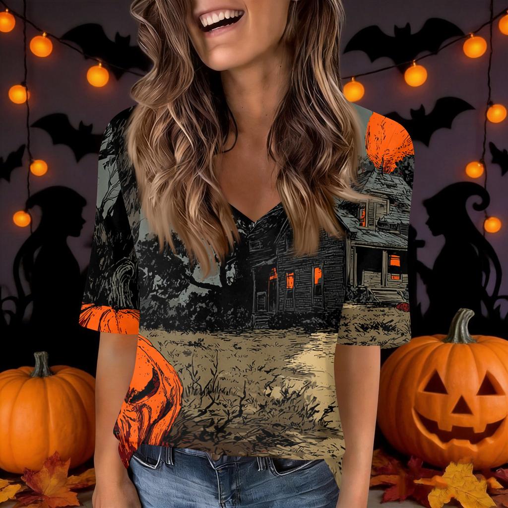 Women's Fashion Short Sleeve V Neck Halloween Print Tunic Top for Casual Wear